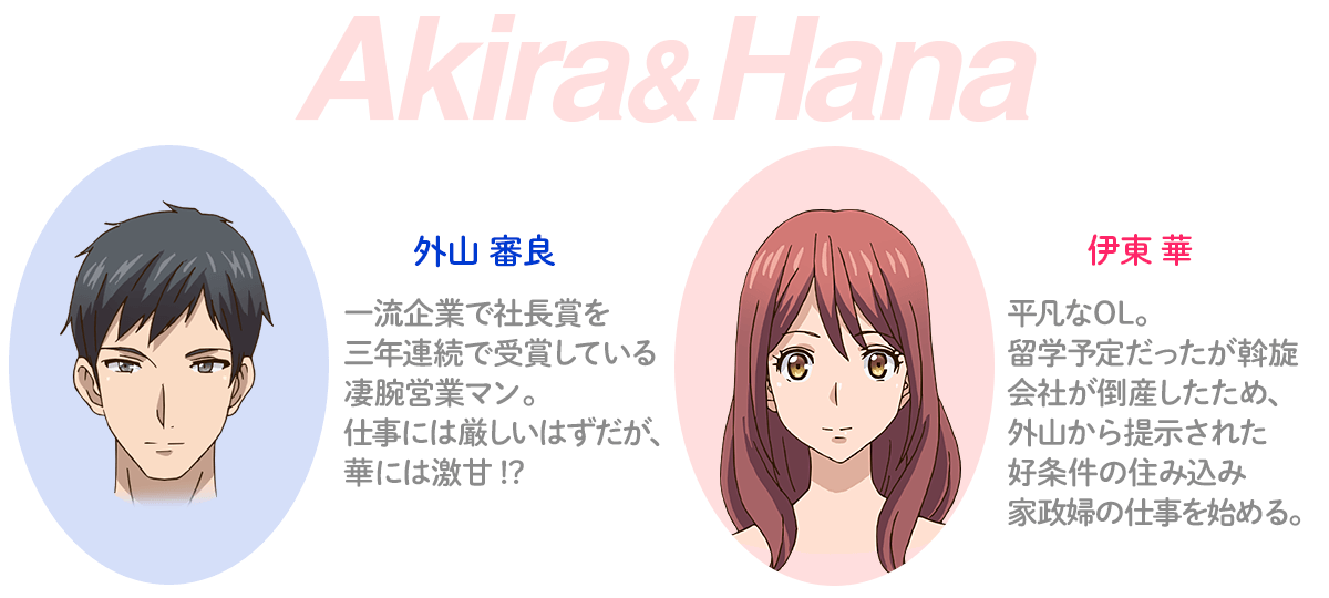 外山審良 一流企業で社長賞を三年連続で受賞している凄腕営業マン。仕事には厳しいはずだが、華には激甘？　伊東華　平凡なOL。留学予定だったが斡旋会社が倒産したため、外山から提示された好条件の住み込み家政婦の仕事を始める。